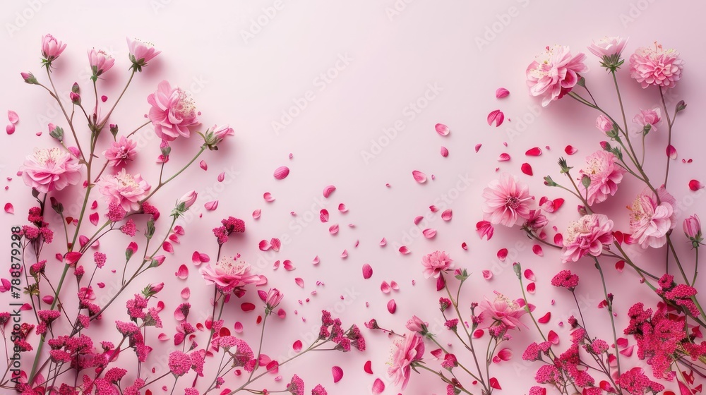 Pink flowers and petals on a pink background Pink flowers and petals on a pink background