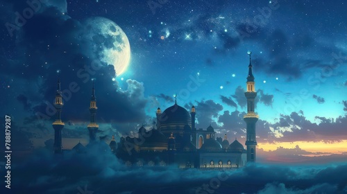 A large crescent moon hangs above the clouds , illuminating the sky and the minarets of a mosque © GradPlanet