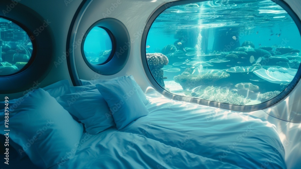 Feel the gentle vibrations of the oceans current as you relax in your underwater sleeping pod. 2d flat cartoon. - obrazy, fototapety, plakaty 