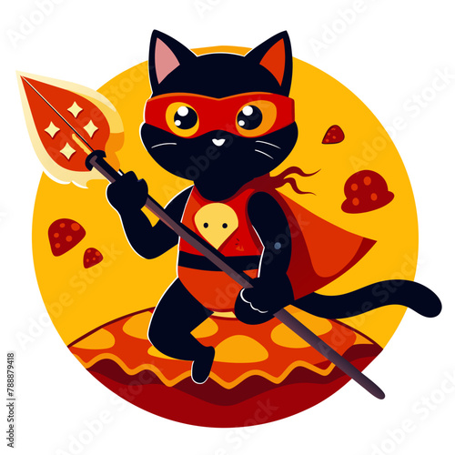 A ninja cat riding a flying pizza slice, wielding a spatula as a weapon