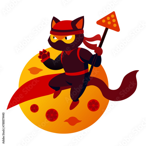 A ninja cat riding a flying pizza slice, wielding a spatula as a weapon