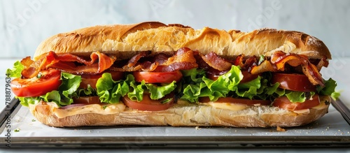 Baguette sandwich with a bahn-mi twist, featuring bacon, grilled cheese, tomatoes, and lettuce, presented on a metal tray against a white marble backdrop.