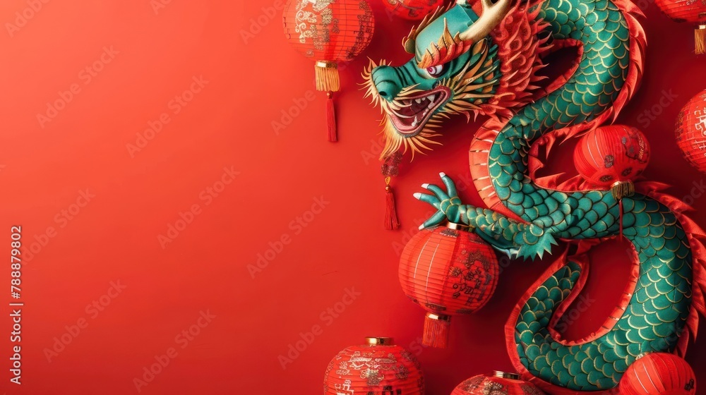 custom made wallpaper toronto digitalA green dragon is climbing up a red wall , surrounded by red lanterns