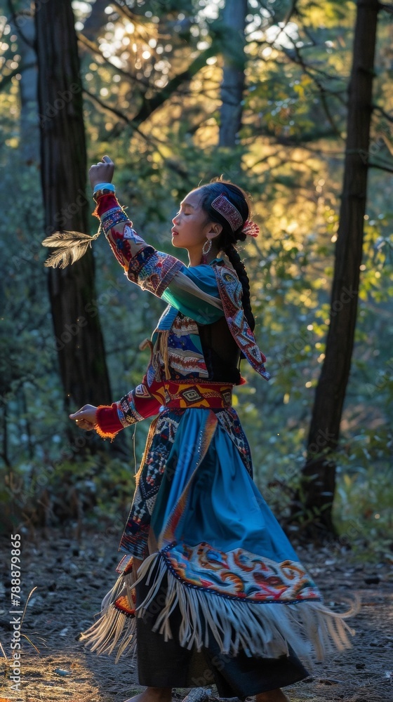 Twilight Dance in the Forest: Young Hmong Woman Celebrates Heritage Month with Traditional Ritual