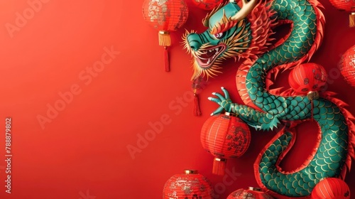 Wallpaper Mural A green dragon is climbing up a red wall , surrounded by red lanterns Torontodigital.ca