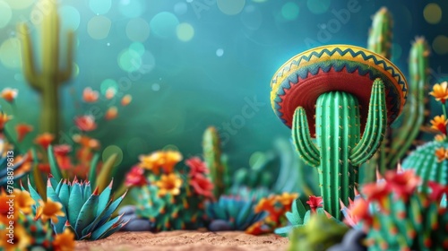 A colorful cactus sits in a desert landscape with flowers and a blue sky in the background