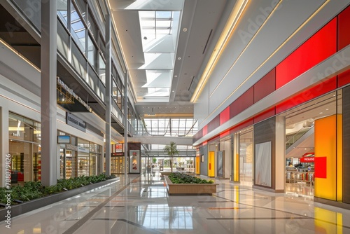 A contemporary shopping mall with sleek storefronts, atrium skylights, and dynamic public art installations creating a vibrant retail experience, Generative AI