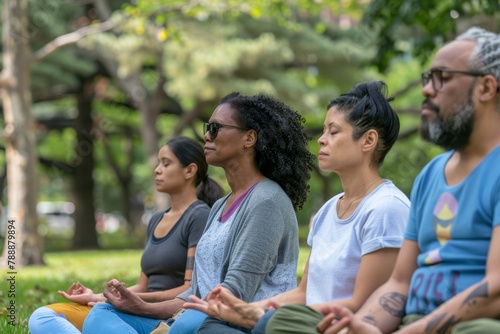 Diverse Adults in Mindful Meditation for Anxiety Awareness in Tranquil Park © Ryzhkov