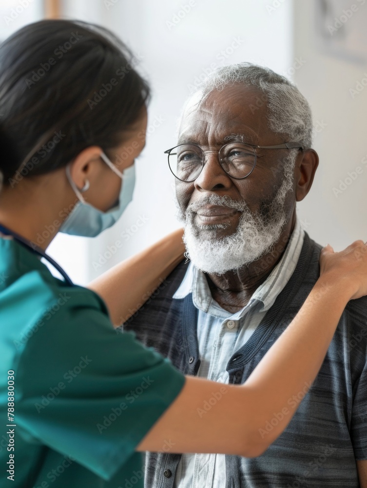 Compassionate Caregiving Moment Between Senior African American Man and Young Hispanic Nurse on World Health Day Compassionate Caregiving Moment Between Senior African American Man and Young Hispanic Nurse on World Health Day