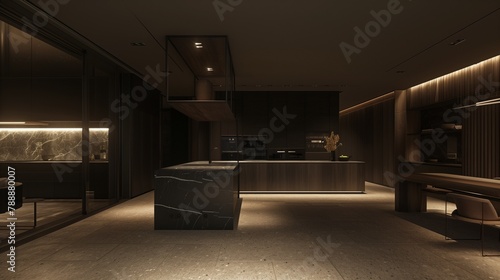 Front view unveils the understated elegance of the dark kitchen  where simplicity meets functionality in every detail.