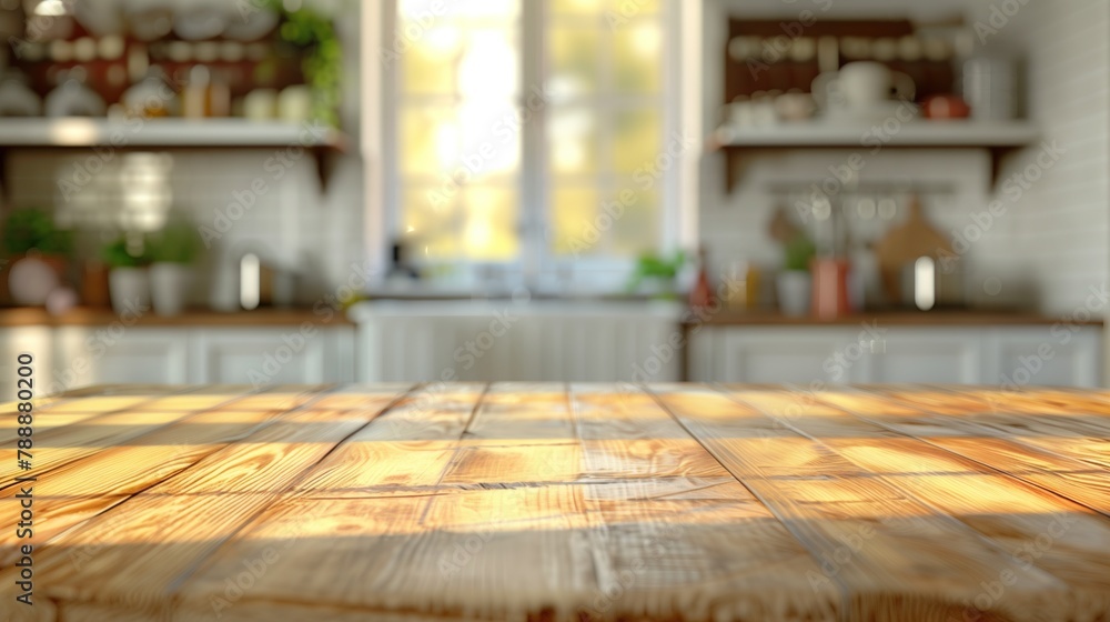 Modern Kitchen with Sunlit Wooden Table Top for Product Display and Cozy Contemporary Home Interior Design Featuring Bright and Airy Natural Wood Elements Modern Kitchen with Sunlit Wooden Table Top for Product Display and Cozy Contemporary Home Interior Design Featuring Bright and Airy Natural Wood Elements