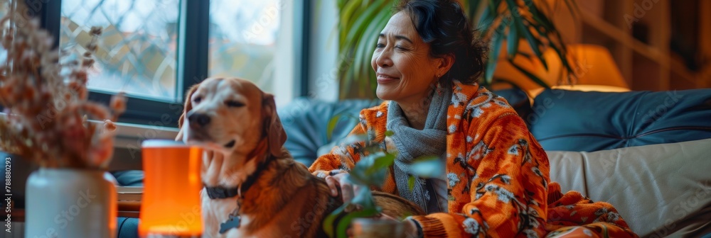 Asian Woman with Dog Using Smart Air Purifier in Cozy Living Room, Filtered Afternoon Light