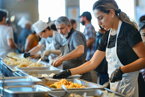 Group of volunteers at church conference preparing meals for attendees photo