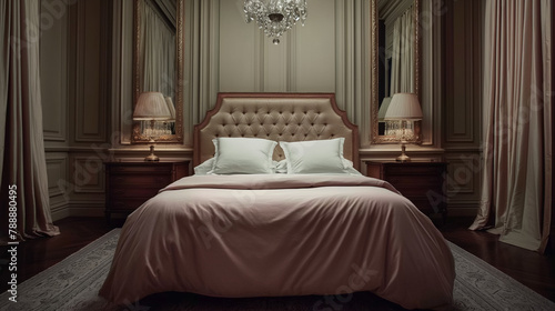 Tranquil French Riviera villa bedroom with minimalist style  featuring an understated headboard and pastel colors under soft twilight light.