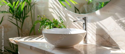 White ceramic bowl placed on a bathroom counter surface, for holding toiletries or accessories