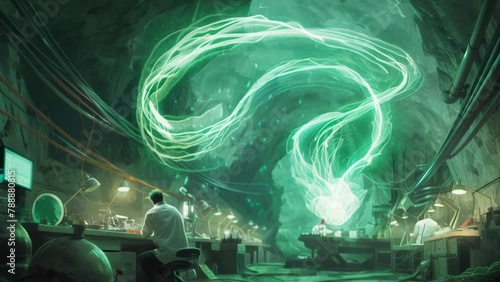 Figure cloaked in black robes sits amidst an alchemist's lab, eerie green smoke swirling all around. Strange apparatus and tomes lie scattered, conjuring an air of mystery.  photo