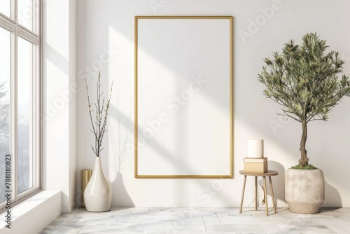 Scandinavian style living room with poster mockup created with generative ai