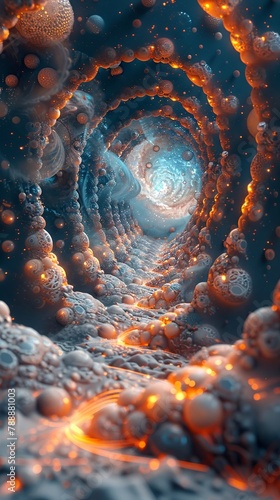 Celestial dominoes setting off cosmic vibrations in a surreal, abstract digital landscape , 3DCG