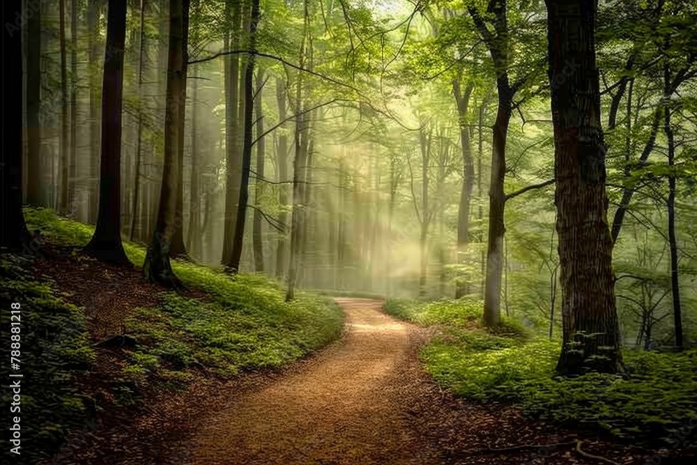 Pathway to Serenity: Early Morning Mist in a Tranquil Forest for Anxiety Awareness