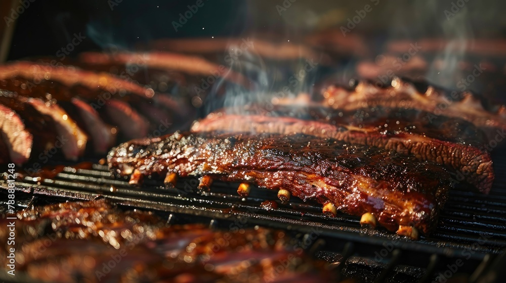 At the park a massive barbecue smoker grill is fired up to perfection ready to smoke the delicious meat to mouthwatering tenderness At the park a massive barbecue smoker grill is fired up to perfection ready to smoke the delicious meat to mouthwatering tenderness