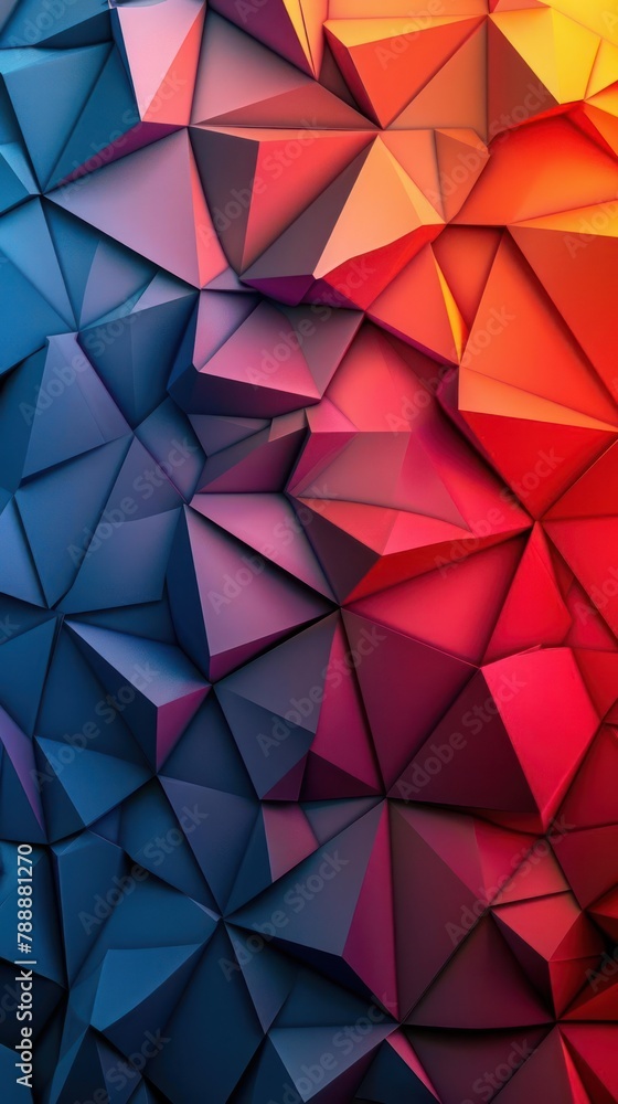 A colorful abstract background composed of triangles in various shades of red, blue, and purple