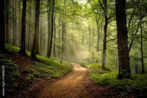 Pathway to Serenity  Early Morning Mist in a Tranquil Forest for Anxiety Awareness