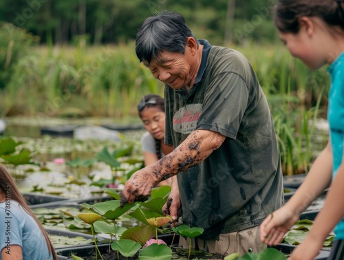 Senior Asian Man Teaching Young Adults Wetland Planting for Conservation in Afternoon Workshop