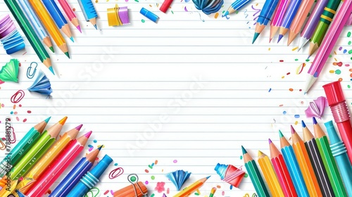 Colorful school supplies and blank paper forming a frame on a white background