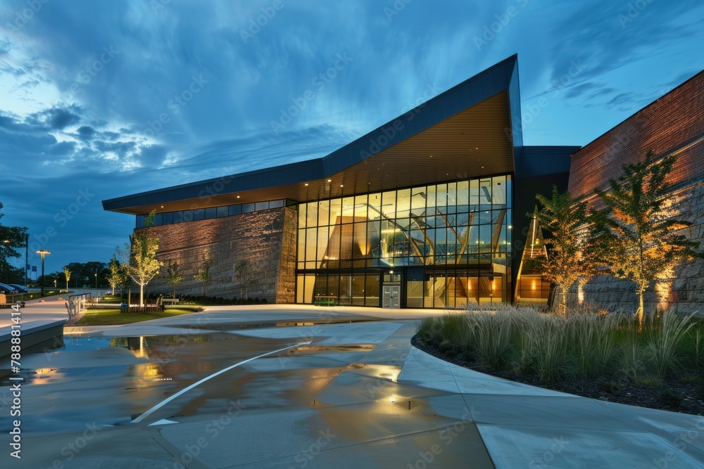 Obraz premium A modern cultural center housing theaters, galleries, and event spaces, with striking architectural elements and a focus on creative expression, Generative AI