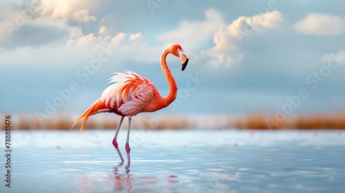 Graceful Flamingo Standing on One Leg in Salt Marsh photo