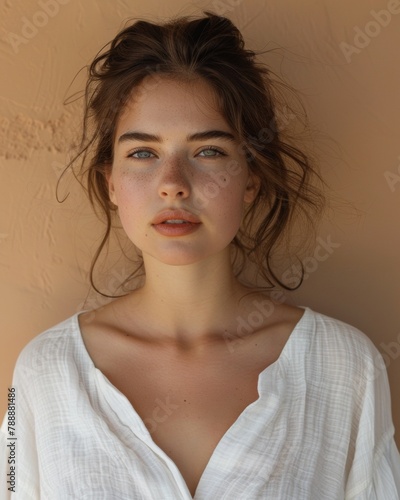 Young Caucasian Woman in Casual White Shirt Posing Indoors with Natural Light