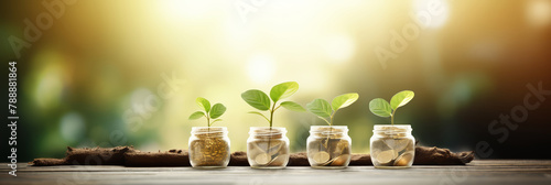 Five young plant green buds in clear glass planter pots with lucky coins and gold dust. Little sprouts in transparent flowerpots on blurred nature background with sunlight, bokeh lights and copyspace.
