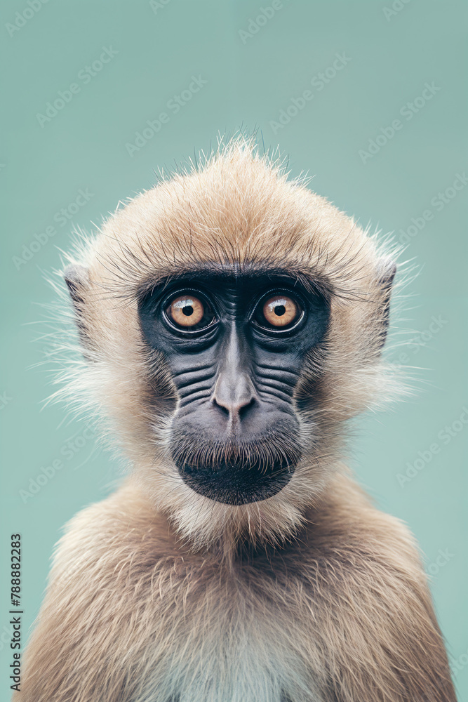 Obraz premium Funny hilarious monkey portrait animal closeup photo, isolated with brown eyes, on a flat background, nature photography, portrait