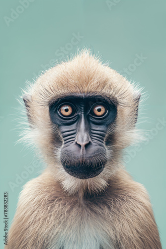 Funny hilarious monkey portrait animal closeup photo, isolated with brown eyes, on a flat background, nature photography, portrait