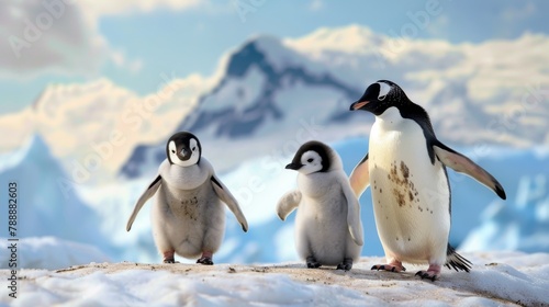 Group of Playful Penguins Waddling in Snowy Antarctic Scene Tilt-Shift View
