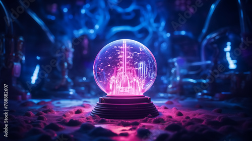 Crystal ball with pink light projection on a surface with a futuristic neon background. Science and mysticism concept with copy space. Design for music album, book cover, or sci-fi poster. photo