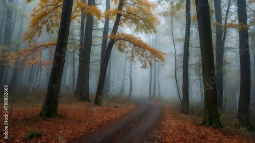 Misty forest path with vibrant autumn colors