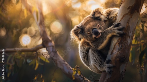 Relaxing Koala in Eucalyptus Tree Bokeh Background