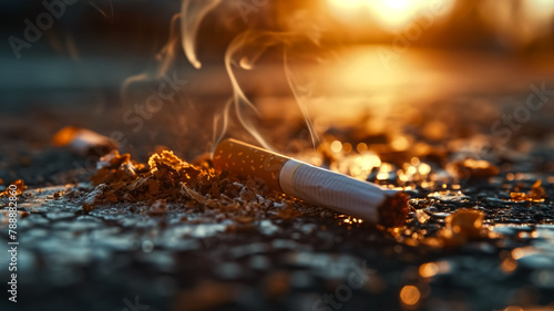 Extinguished cigarette on asphalt with smoke rising during sunset. Health and anti-smoking concept with copy space. Design for public health campaign, awareness poster, or social advertisement. photo