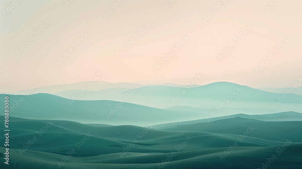 Expansive pastel dawn over gentle rolling hills in a surreal fantasy landscape panoramic view