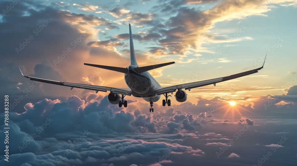 Fototapeta premium Airplane flying towards sunset above the clouds. Freedom and travel concept with copy space. Design for airline services, travel agency promotions, or inspirational journey articles.