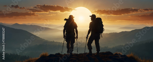 Exploration and Freedom: 3D Backpacker Silhouette Against Mountain Sunrise on Horizon - Stock Photo © Gohgah