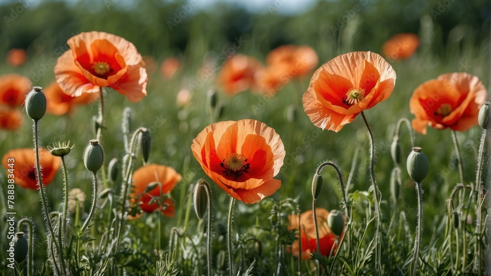 Vibrant red poppies blooming in the field Vibrant red poppies blooming in the field