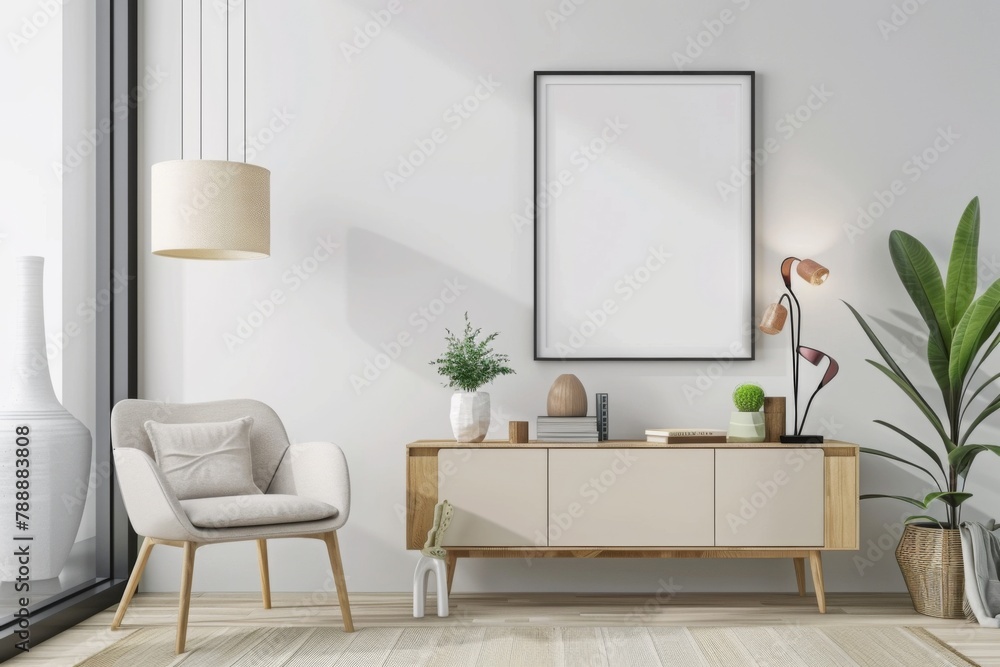 Fototapeta premium Scandinavian style living room with poster mockup created with generative ai