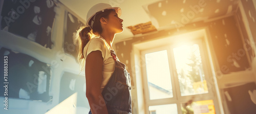 Female contractor working inside home for renovation and refurbishment project with copy space
