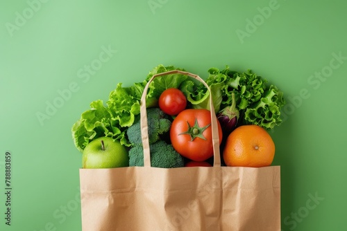 Paper bag full of fresh organic vegetables on green background. Healthy food shopping concept