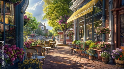 Charming sidewalk cafe with bistro tables, flower boxes, enjoy coffee drinks. © wpw