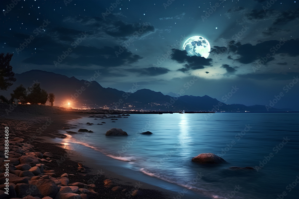 Romantic and beautiful panorama with full moon on the beach until evening