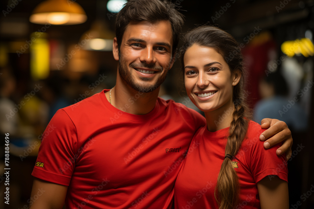 Two happy-looking entrepreneurial boys posing in their business, dressed in colorful uniforms Two happy-looking entrepreneurial boys posing in their business, dressed in colorful uniforms