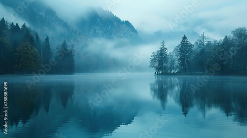 Fog blankets a tranquil lake nestled among trees on a mountain, creating a serene and mystical scene. Generative AI